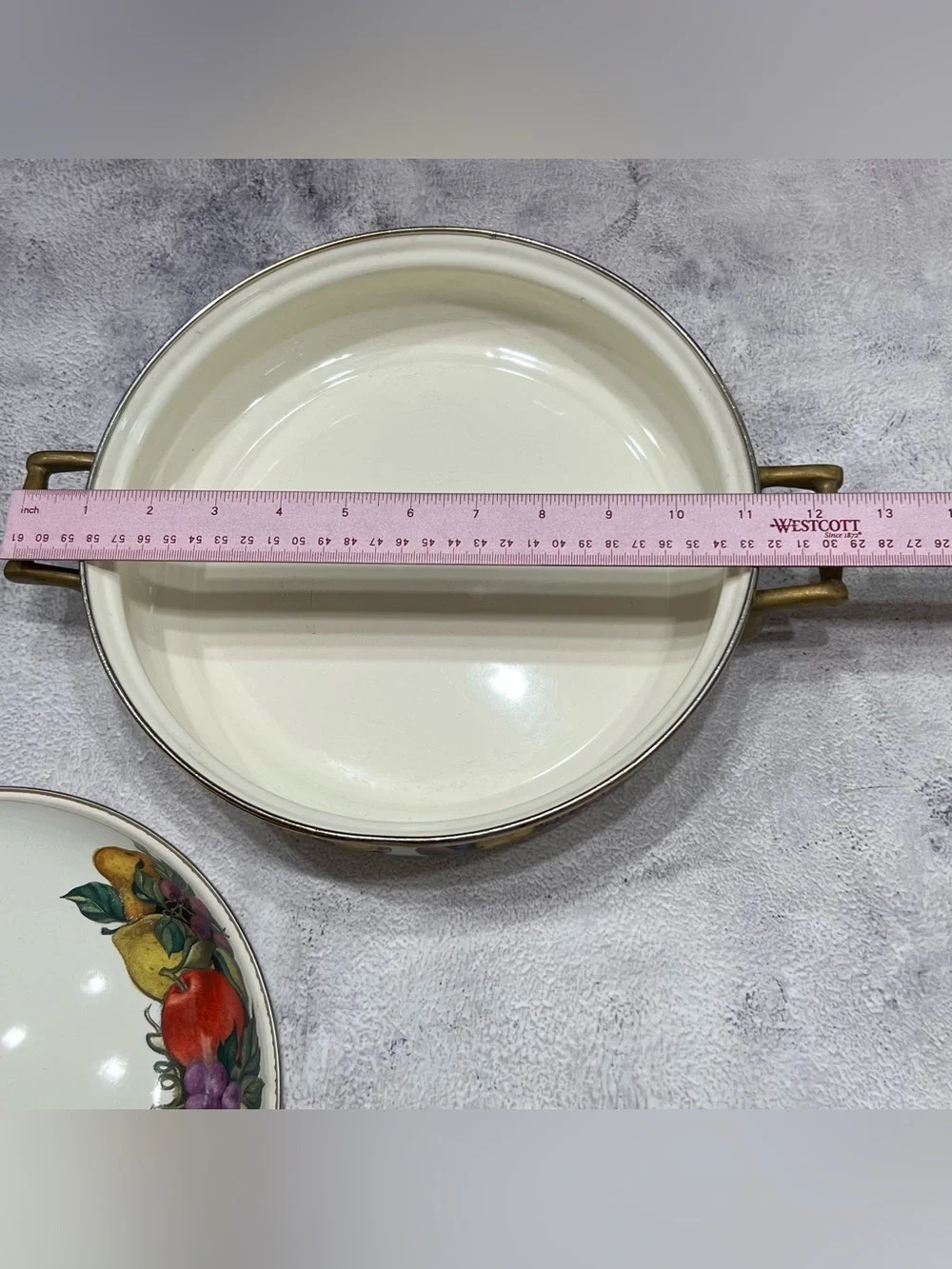 Vintage Cornucopia Enamelware Dutch Oven Colorful Fruit Motif Brass Handles